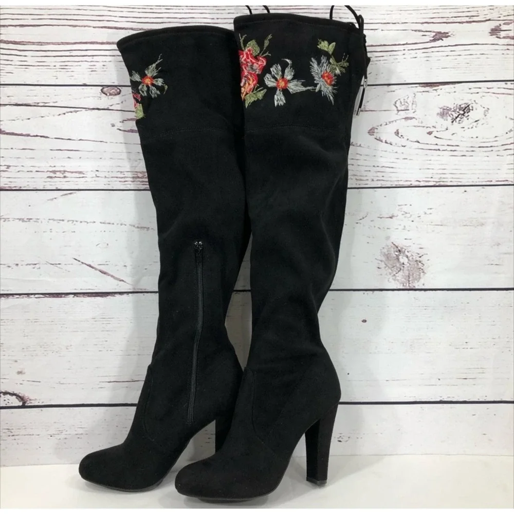 Zigi Soho Bryna Black Over The Knee Heeled Boot Embroider Floral Boho Hippie 6.5